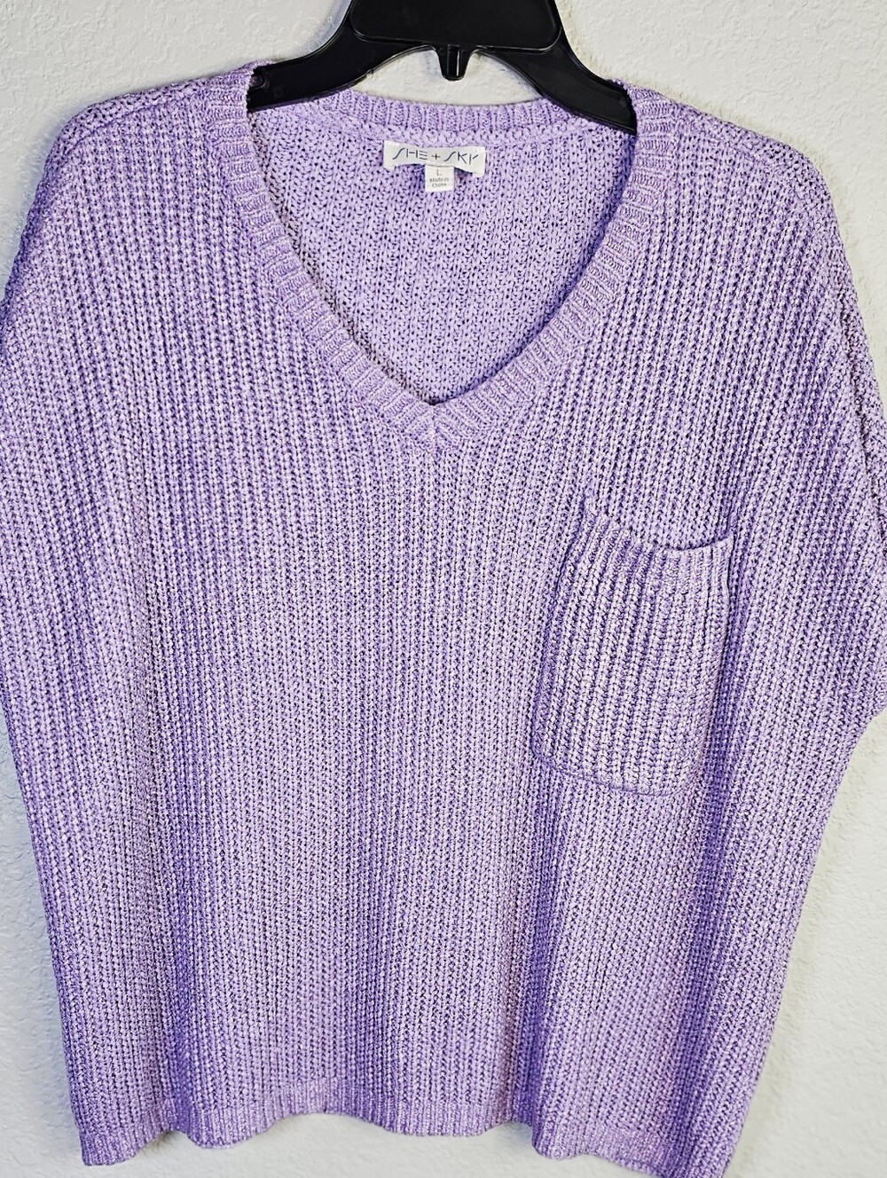 She + Sky Lavender Short Sleeve Sweater Knit Top Pocket Women's Large